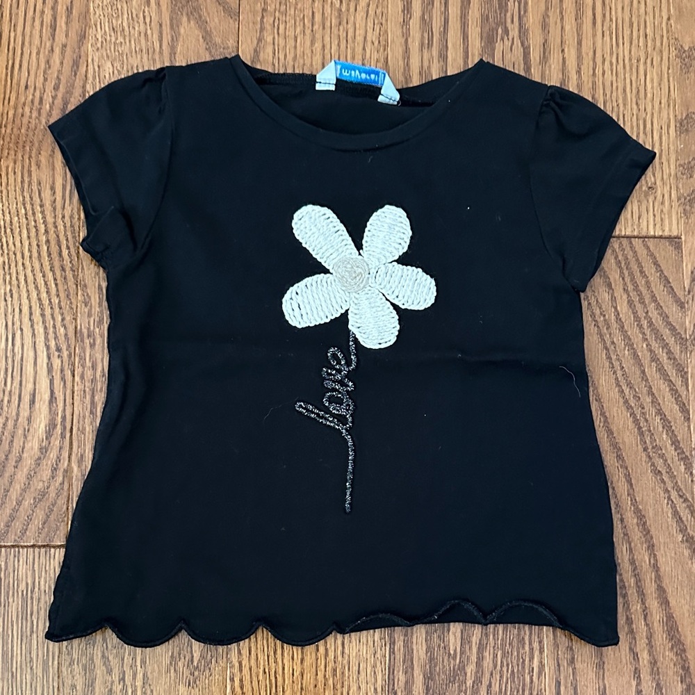 Mayoral 2t Black Short Sleeve Tee with Cream Flower Applique